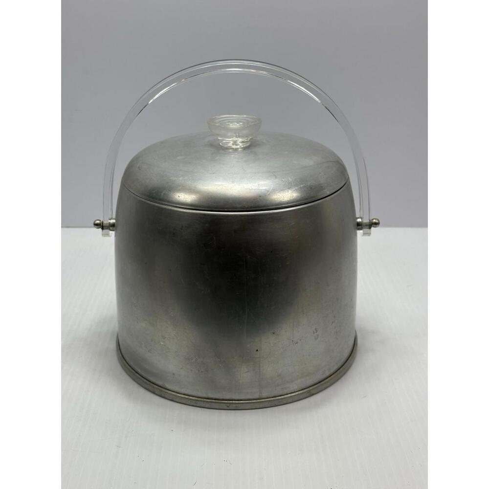 Vintage Kromex Aluminum Ice Bucket Clear Lucite Handle Atomic Mid Century Modern